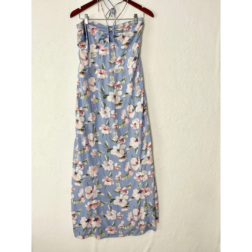 Abercrombie & Fitch Blue Floral Halter Maxi Dress Keyhole Large Tall Feminine